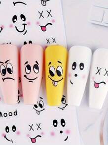 2 Cartoon Cute And Rich Facial Expression Nail Art Stickers - Black, White, Red, Pink Smile, Mischievous, Angry, Intoxicated Expression Art Design, 3D Flat Technology, Suitable For Women's Disposable Self-Adhesive Nail Art Stickers, Cartoon Cute Theme Style, Easy To Stick Nail Decoration Stickers