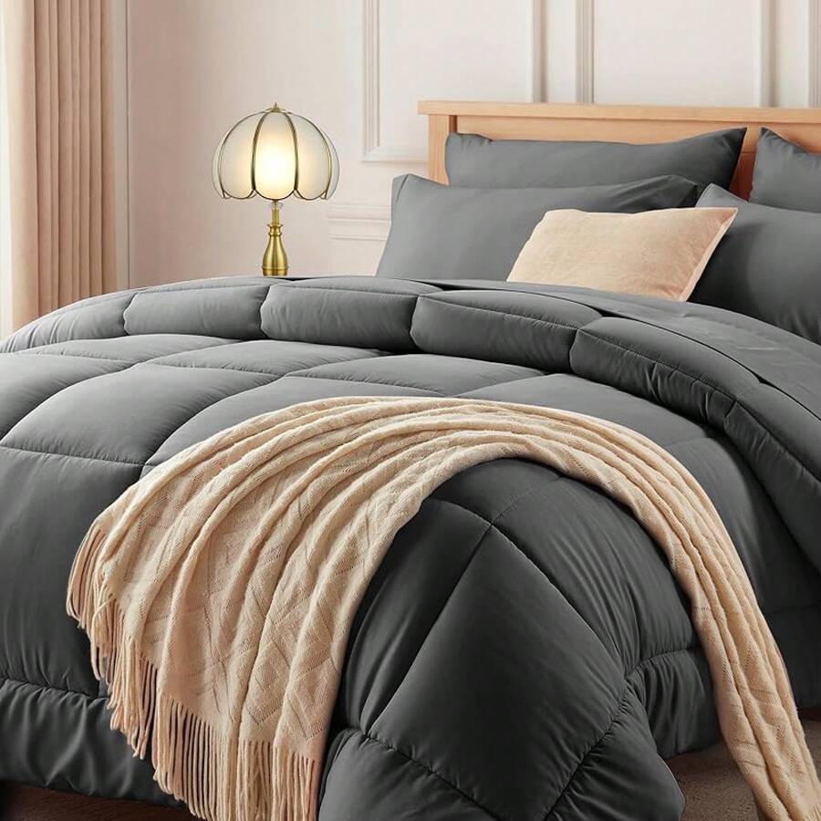 Newspin Queen Bed In A Bag 8 Pieces Comforter Set, Black All Season Bed Set, Queen Bedding Sets With Comforter And Sheets, Pillow Shams, Flat Sheet, Fitted Sheet, Pillowcases And Bed Skirt - 灰色 - 查看 1