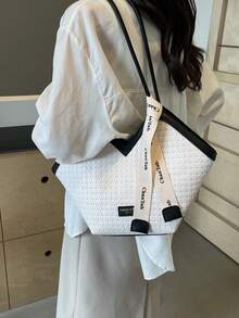 New Fashion All-Match New Contrast Color Design Indentation Design Large Capacity Double Handle Shoulder Tote Bag Suitable For Travel Shopping Commuting To Work With Scarf Decoration Design, Ladies Elegant Wallet, Business Commuter Wallet - View 3