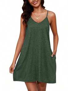 Womens Cotton Sleeveless Nightgown Spaghetti Strap Full Slip Sleep Dress With Pockets - Green - View 1