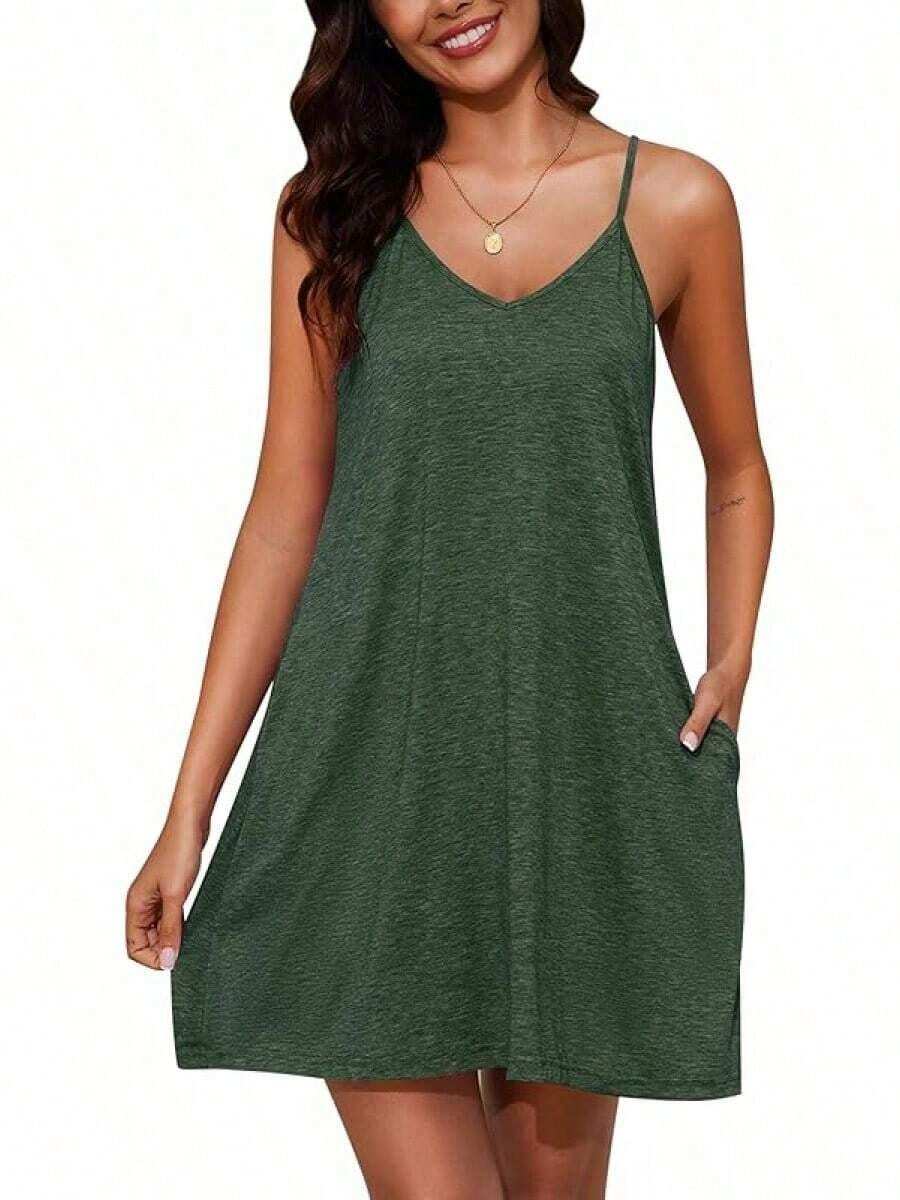 Womens Cotton Sleeveless Nightgown Spaghetti Strap Full Slip Sleep Dress With Pockets - Green - View 1
