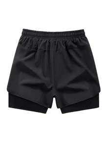 Men's Letter Print Double-Layer Sports Shorts, Outdoor Running