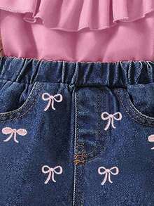 2pcs/Set Baby Girls' Fashion Casual Denim Outfit With Bow Decor - Pink - View 6
