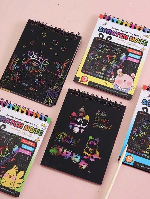 Set de 10 papeles de arte de raspar arcoíris mágicos con 1 bolígrafo de estilo de madera, adecuado para volver a la escuela, fiesta de Halloween, regalos de cumpleaños de Navidad, colores aleatorios