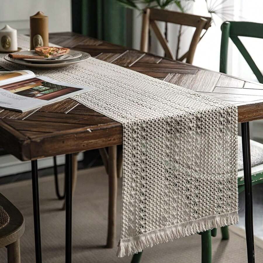 1 块蕾丝桌布，波西米亚风农舍风格流苏钩针棉质蕾丝桌布，适合新娘送礼会、婚礼、餐桌装饰