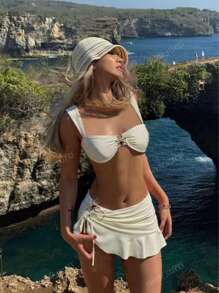 Conjunto de traje de baño de 3 piezas con top tipo tankini de unicolor, diseño de tirantes anchos con aros para un soporte cómodo, estilo de playa fashionable, perfecto para fiestas de playa y piscina en verano