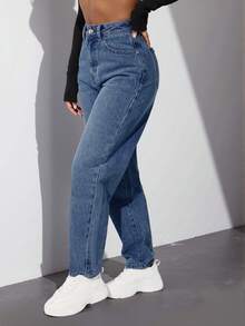 Jeans de tiro alto y cierre con cremallera en un lavado oscuro presentan bolsillos y una silueta de pierna recta para un look informal en cualquier temporada. - Azul - Ver 3