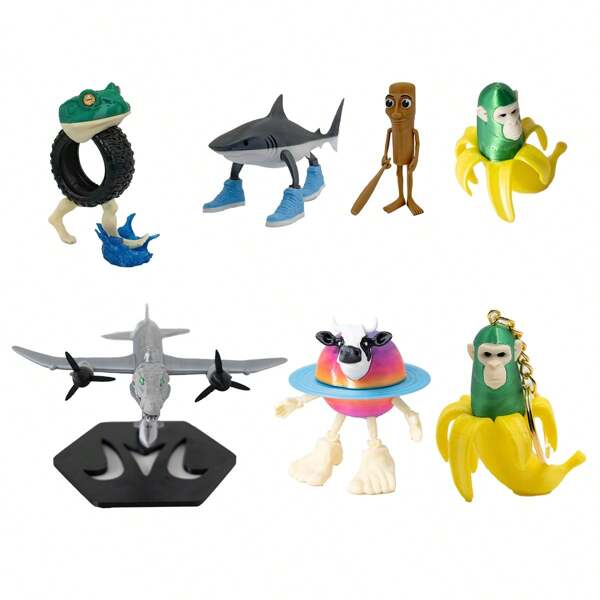 Modelos de juguetes 3D abstractos de la Serie Shanhaijing de IA, que incluyen figuras de madera, tiburones de tres patas, ranas de neumático, monos con plátano, vaca planetaria láctea, cocodrilo bombardero, entre otros. Decoraciones de modelos 3D abstractos, ornamentos de escritorio, juguetes de observación, regalos de broma entre amigos