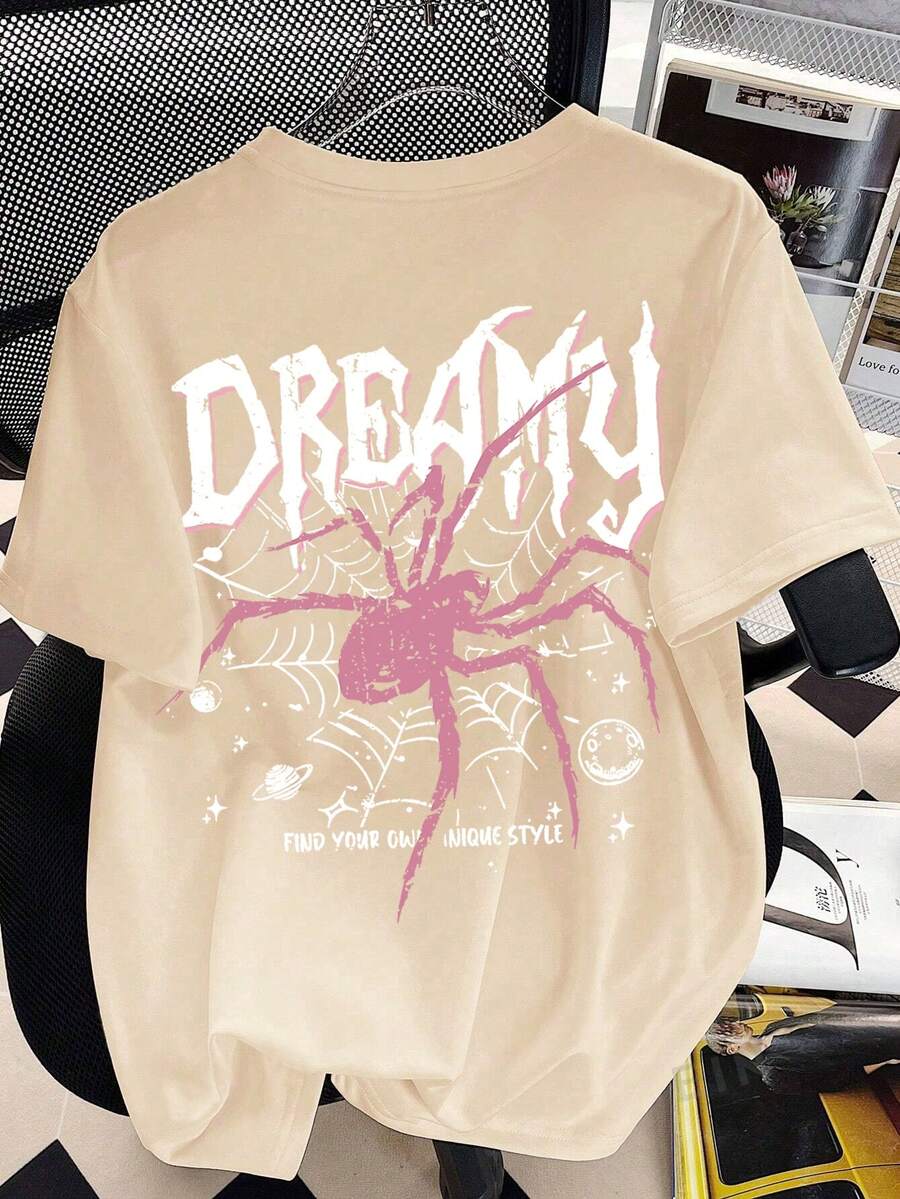 少女蜘蛛和标语图案短袖T恤夏季 - 杏色 - 查看 1