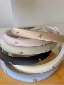1/3件新款纯色面料蝴蝶结头带，海绵垫皇冠头饰适合日常、工作、学校，优雅珍珠头带，蝴蝶结头带，简约洗脸头带，秋冬，新款可折叠珍珠头带，伸缩洗脸头带带牙齿，旅行便捷头饰 - 彩色 - 查看 2