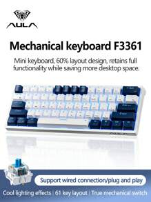 AULA F3361 Mini Keyboard, 61-Key Layout, Wired Connection, Cool Backlight Effect, True Mechanical Axis, Ergonomics, Plug And Play, Suitable For Office Computers And Notebooks, Highly Attractive Color Matching Keyboard For Girls