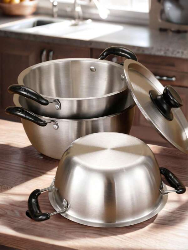 3pcs Set Black Handle Stainless Steel Soup Pot Set (Black Top Ball Style, Includes 3 Different Size Pots, Versatile Usage Scenarios, Warm Reminder: Add Water Before Use)