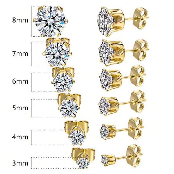 6 Pairs/Set Hypoallergenic Stainless Steel CZ Stone Earrings Stud Set For Women, Women Men Earrings Set Perfect For Daily Festivals Vacations Wear And Valentine's Day, Mother's Day, Graduation Season, Christmas Gift |3mm 4mm 5mm 6mm 7mm 8mm