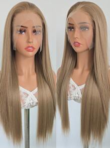 websterwigs Linen Gold Synthetic Lace Front Wig, Pre-Plucked Hairline, Long Straight Golden Blonde Wig, Lace Front Wig, Heat Resistant Synthetic Fiber Wig Suitable For Fashion Women