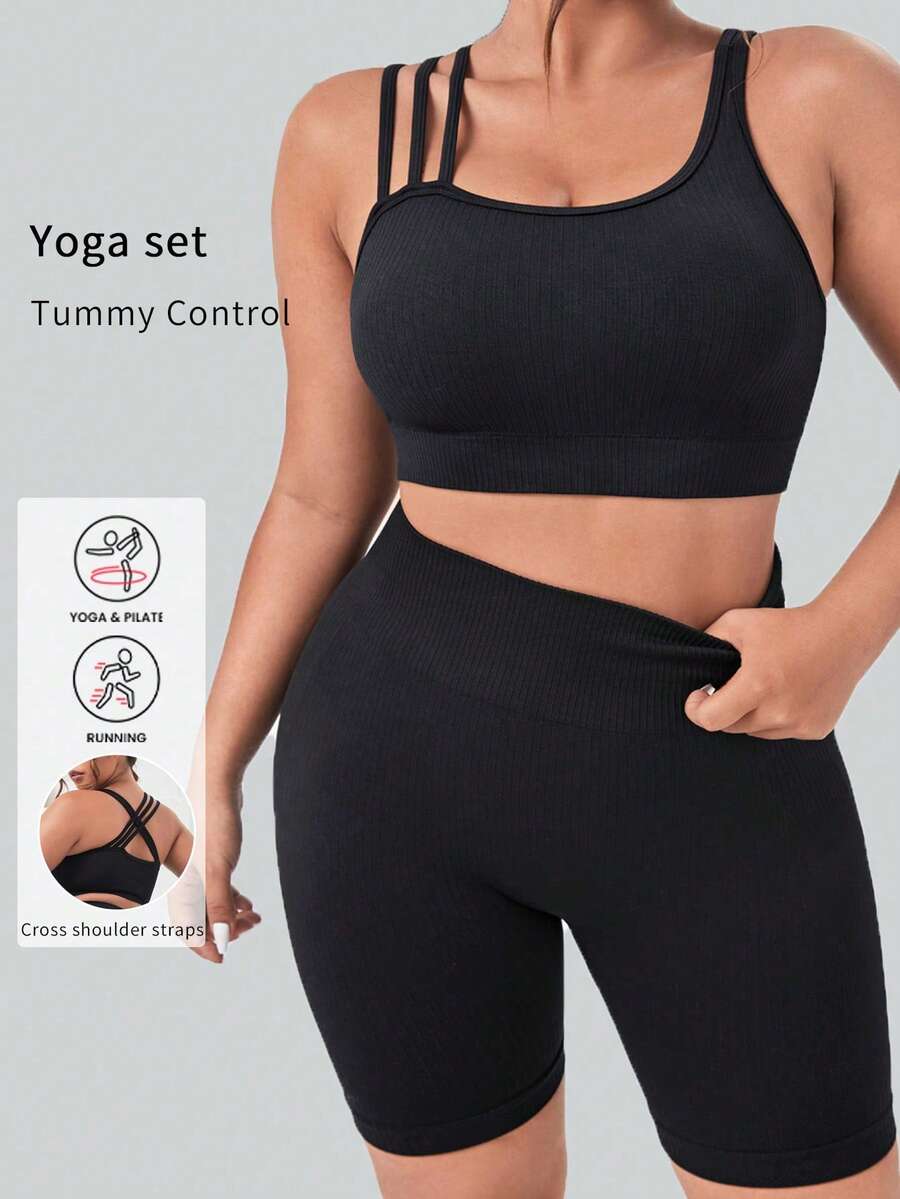 大码运动瑜伽服女士无缝瑜伽套装运动服罗纹针织背心宽腰带收腹短裤健身女套装