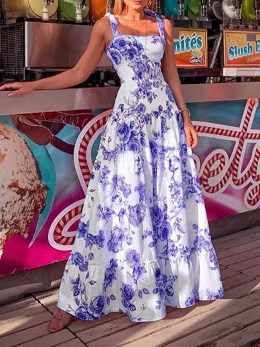 Standard Sized Women's Casual Romantic Floral Print Sleeveless Slip Dress, Great For Holiday & Resort - Purple - View 1