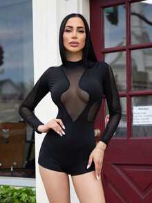 Carolina Barros 立领网眼拼布长袖连体衣 - 黑色 - 查看 1