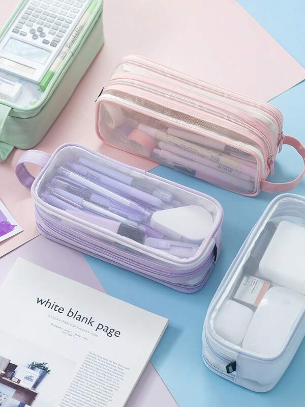 Trousse à crayon de type maille transparente à 2 compartiments, sac de rangement pour maquillage et cosmétiques avec grille et poignée, organisateur transparent pour marqueurs, pour bureau, voyages, étudiant, rentrée scolaire, trousse à crayons, sac scolaire