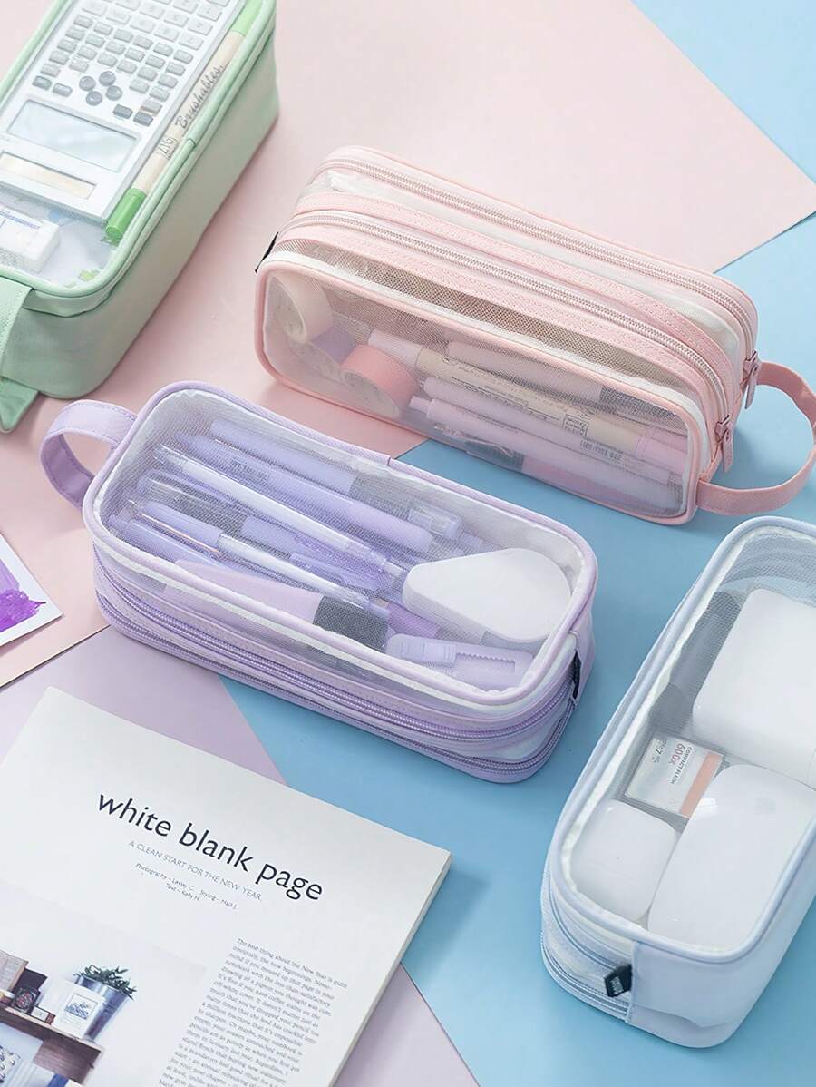 Trousse à crayon de type maille transparente à 2 compartiments, sac de rangement pour maquillage et cosmétiques avec grille et poignée, organisateur transparent pour marqueurs, pour bureau, voyages, étudiant, rentrée scolaire, trousse à crayons, sac scolaire