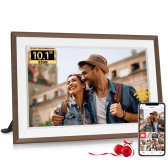 Frameo 10.1英寸WiFi数码相框，1280 x 800 IPS高清触摸屏，32GB内存，壁挂式木纹智能相框，自动旋转，幻灯片播放，可通过Frameo免费应用程序随时随地远程分享照片/视频，精美礼盒包装，是馈赠亲朋好友的理想圣诞礼物。