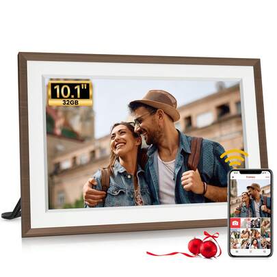 Frameo 10.1英寸WiFi数码相框，1280 x 800 IPS高清触摸屏，32GB内存，壁挂式木纹智能相框，自动旋转，幻灯片播放，可通过Frameo免费应用程序随时随地远程分享照片/视频，精美礼盒包装，是馈赠亲朋好友的理想圣诞礼物。