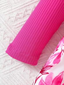 Infant Girls' Cute Bee & Bow Print Round Neck Knee-Length Fashion Comfortable Dress, Autumn - Pink - View 4