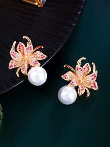 1 par de aretes de lujo con flores y perlas, joyería nupcial chapada en oro amarillo con CZ rosa roja para mujeres, accesorio para bodas, compromisos, banquetes y fiestas para novias, damitas de honor y madres