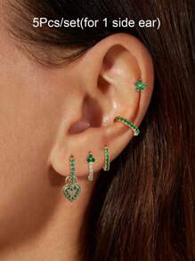 Set de 5 piezas de pendientes para mujer elegantes chapados en oro con circonita multicolor, incluyendo aro, pendiente colgante y pendiente de presión. Accesorios de joyería glamorosa.