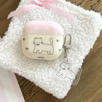 夏季简约粉彩条纹猫耳耳机盒，带亚克力猫咪标签，适用于 Apple Pro 3/Pro 2/Pro/ 3/2/4，时尚女士耳机盒，简约耳机盒，Apple 耳机盒，Apple 耳机套，节日礼物