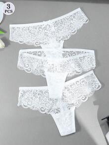 3pcs/Set Sexy Lace Thong Panties, Low Waist For Women