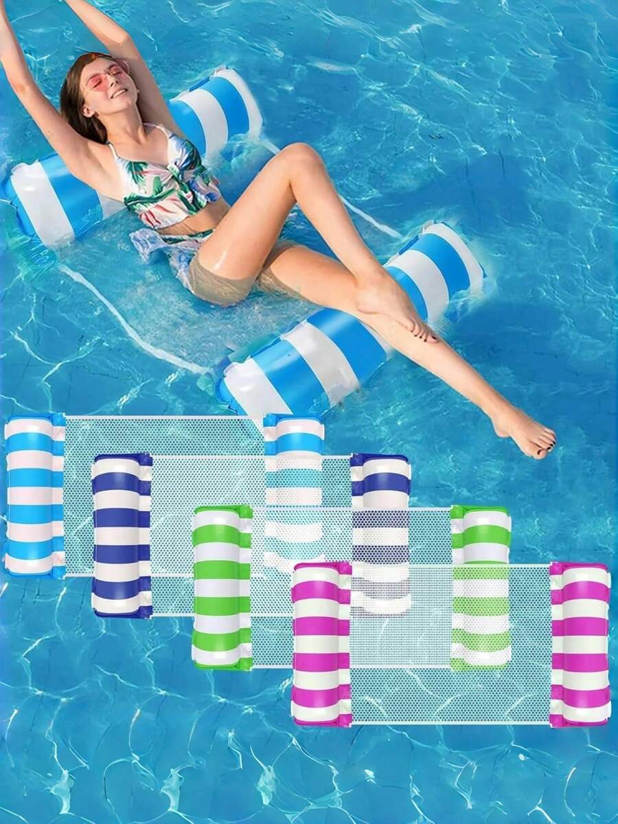 1pc Inflatable Striped Mesh Water Hammock Lounge Mat, Foldable Water Leisure Cushion For Outdoor Water Activity, Pool Party And Ultimate Relaxation - Multicolor - View 1