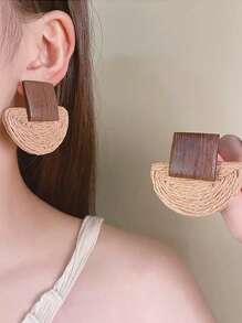 2pcs/Set Women's Fashion Boho Style Semi-Circle Wooden Rattan Handmade Hoop Drop Earrings, Suitable For Summer Beach, Seaside & Holiday Casual Wear