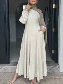 纯色收腰下摆连衣裙 - 杏色 - 查看 1