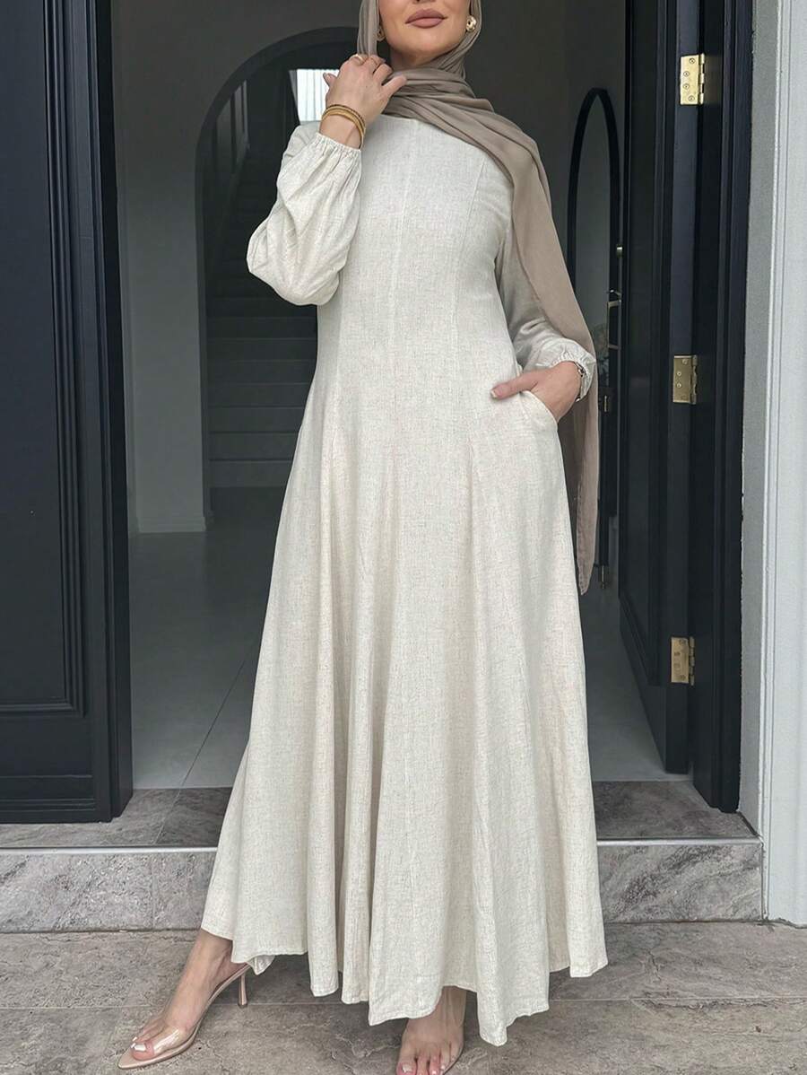 纯色收腰下摆连衣裙 - 杏色 - 查看 1