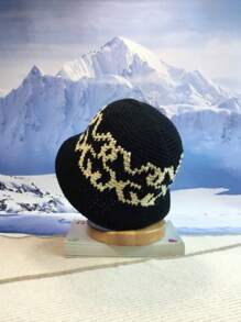 1pc Unisex Black Hand-Knitted Jacquard Warm Beanie Hat, Personalized Bucket Hat, Fresh Korean Style, Couple Versatile Bucket Hat For Autumn/Winter