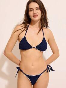 Costasola Ensemble de maillot de bain texturé unicolore de nouvelle été pour femmes avec des bretelles spaghetti, un dos évasé et un bas noué sur les côtés. Bikini pour vacances à la plage - Bleu marine - Voir 2