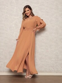 FASHION MIX PREMIUM Elegant Long Dress With Slit Long Sleeves With Tie With V-Neckline And Waist Adjustment Plus Size Women's Fits 38 To 44 - Lạc đà - Xem 4