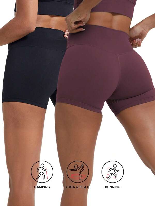2 piezas Pantalones cortos deportivos de yoga, pantalones cortos de ciclismo y running, pantalones cortos de pilates y fitness, pantalones absorbentes del sudor para yoga al aire libre, pantalones de tres cuartos