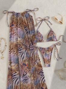 3pcs Women Summer Halter Strap Floral Print Skirt And Bikini Swimsuit Set