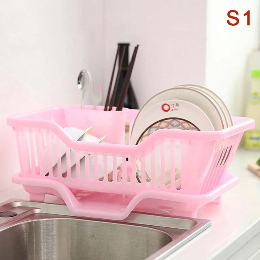 Escurridor de cocina con tabla de escurrido Almacenamiento de utensilios, platos, palillos, tazones, cucharas en el mostrador - Rosa - Ver 1