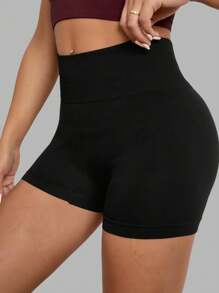 1pc Women's Seamless High Waist Solid Color Knitted Sports Shorts, Yoga Training Cycling Shorts, Comfortable Skin-Friendly Fashion Activewear