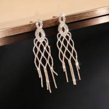 1 Pair Geometric Teardrop Shaped Golden/Silver Fully Diamond Crystal Rhinestone Long Tassel Earrings, Stage Performance Party Dress Accessories