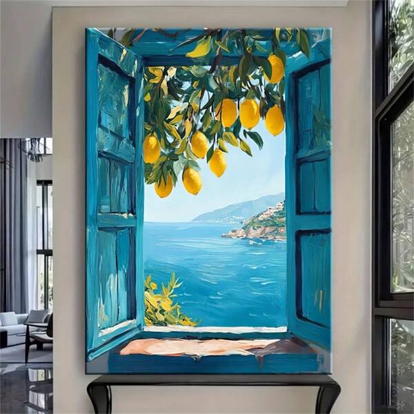1pc Mediterranean Window View Wall Art Picture Coastal Lemon Tree Prints Canvas Paintings Italian Seaside Landscape Posters Blue Aesthetic Decor For Bedroom, Living Room, Or Apartment Wall Decor Gift For Her Unframed