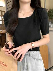 Women's All-Match Square Neck Solid Color Short Sleeve Fitted Casual Knit Top Black Summer - Black - View 3