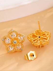 1pair 2025 New Design Copper 18k Gold Plated Zirconia Stone Hollowed-Out Flower Earrings Studs, Creative Jewelry Gift For Women, Wedding, Christmas, Valentine's Day