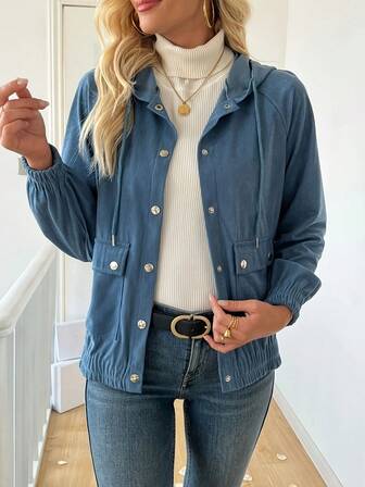 Women's Solid Color Corduroy Hooded Jacket, Ladies Autumn Corduroy Casual Long Sleeve Jacket, Women's Hooded Drawstring Pocket Single-Breasted Jacket