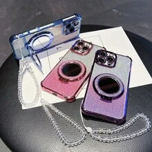 Nuevo estuche antideslizante de 4 esquinas para teléfono + cuerda colgante con perla de papel brillante rosa + espejo de maquillaje circular brillante rosa con soporte magnético integrado, compatible con Galaxy I-Phone 16 Pro 16Pro Max, Sam-Sung S25/S25Plus/S25Ultra, XM HW Redmi A5, Oppo
