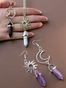 1 对波西米亚日月不对称六边形水晶紫色石紫水晶六角柱长耳环治愈能量诞生石吊坠钩耳环巫术哥特式饰品配饰女士情侣礼物