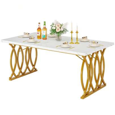  LITTLE TREE Moderner Esstisch für 6 Personen, Tisch Wohnzimmer, Rechteckig Küchentisch, Esstisch für Esszimmer und Küche, Wohnzimmer, Weiß und Gold, 160 x 80 x 75 cm