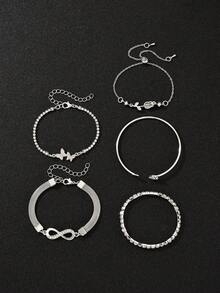 5pcs Set Fashionable Minimalist Elegant Butterfly, Heart, Flower, Tulip, Rhinestone Bangle Bracelet Set, Perfect For Holiday, Party, Date, Gift, Daily Wear - Silver - View 10